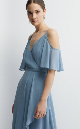 Blue Chiffon A-Line Floor-Length Wrap Dress