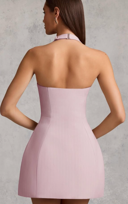 OhPolly-Pinstripe Halterneck Structured A-Line Mini Dress in Mauve