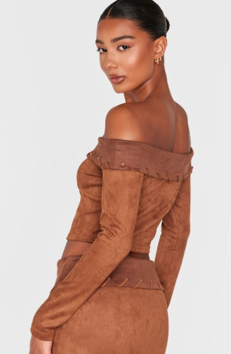 Brown Faux Suede Contrast Binding Fold Over Bardot Top