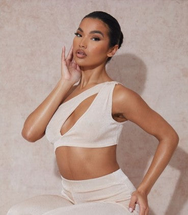 ALMOND ACETATE SLINKY CUT OUT ONE SHOULDER CROP TOP