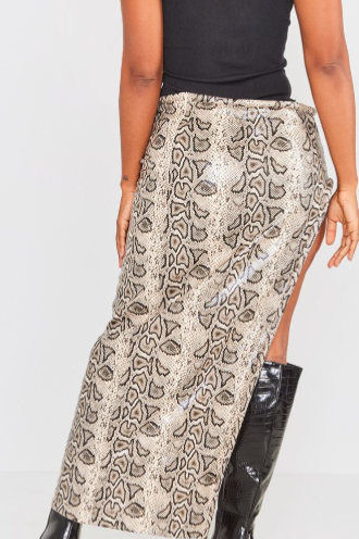 Shape Cream Faux Leather Snake Print Asymmetric Midaxi Skirt
