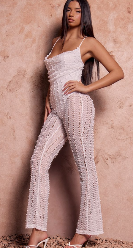 White Textured Cowl Strappy Flare Leg Jumpsuit