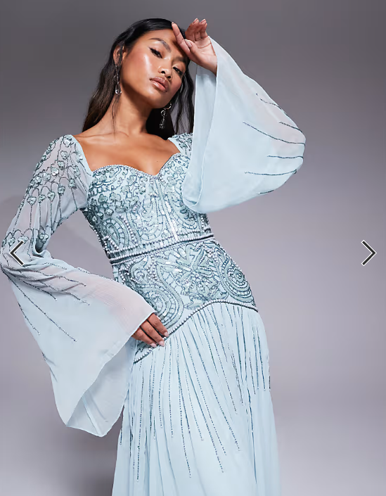 ASOS DESIGN fluted sleeve maxi dress with placement embellishment in aqua blue
