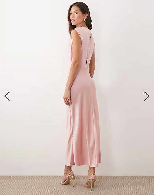 ASOS DESIGN satin high neck pleated bodice midi dress in dusty rose