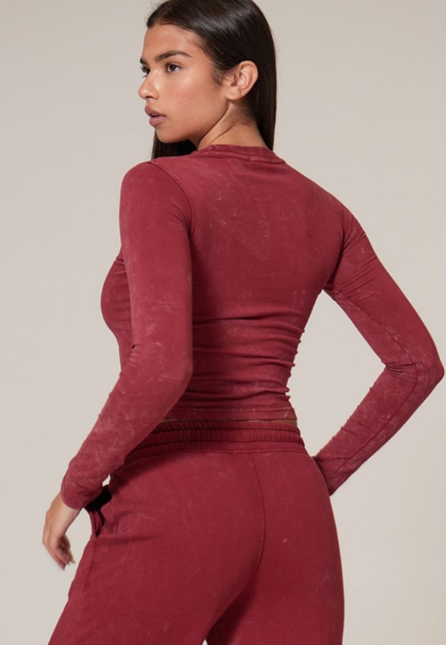 Dark Red Washed Longline Long Sleeve Cotton Fitted T-shirt
