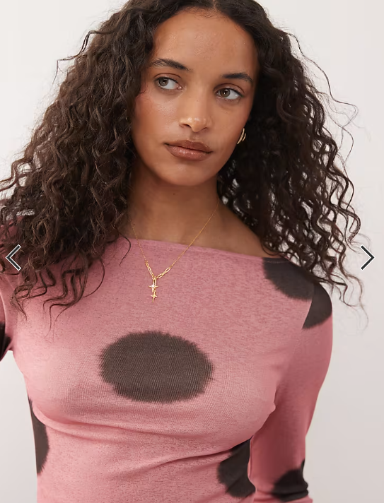COLLUSION slash neck long sleeve top in pink polka dot