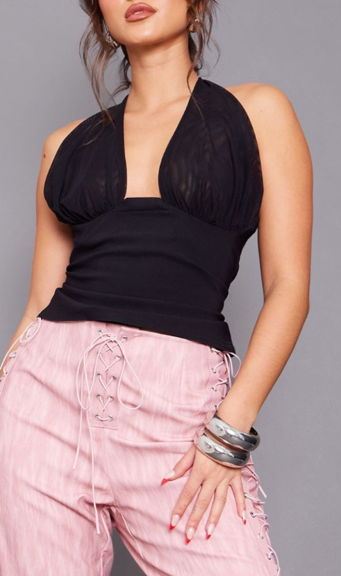 Black Stretch Woven Mesh Bust Halter Neck Longline Top