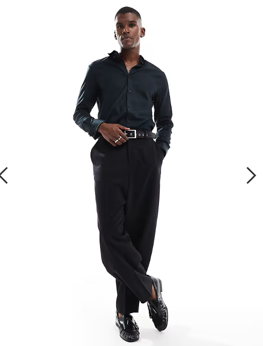 ASOS DESIGN formal easy iron slim twill shirt with cuff detail in black