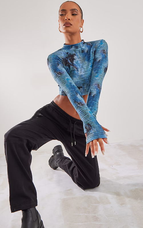 Dark Blue Printed Burnout High Neck Crop Top