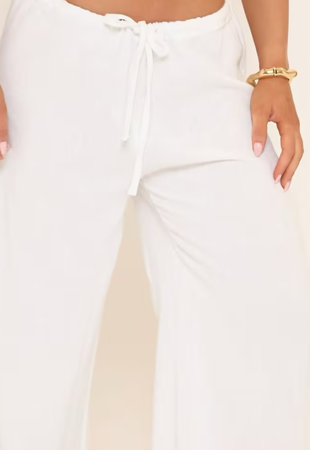 Ego - low rise tie waist wide leg trousers in white linen