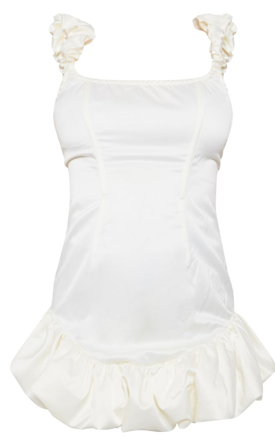 White Satin Bardot Puff Hem Bodycon Dress