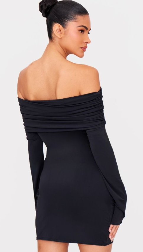 Black Matte Sculpt Double Layer Foldover Bardot Long Sleeve Mini Dress
