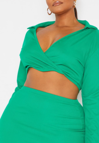 Plus Bright Green Rib Cross Front Crop Top