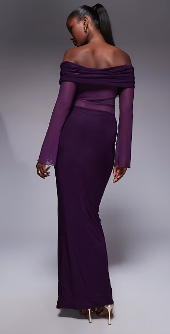 Asos - Kaiia exclusive double layered slinky foldover bardot sheer panel ruched skirt maxi dress in plum