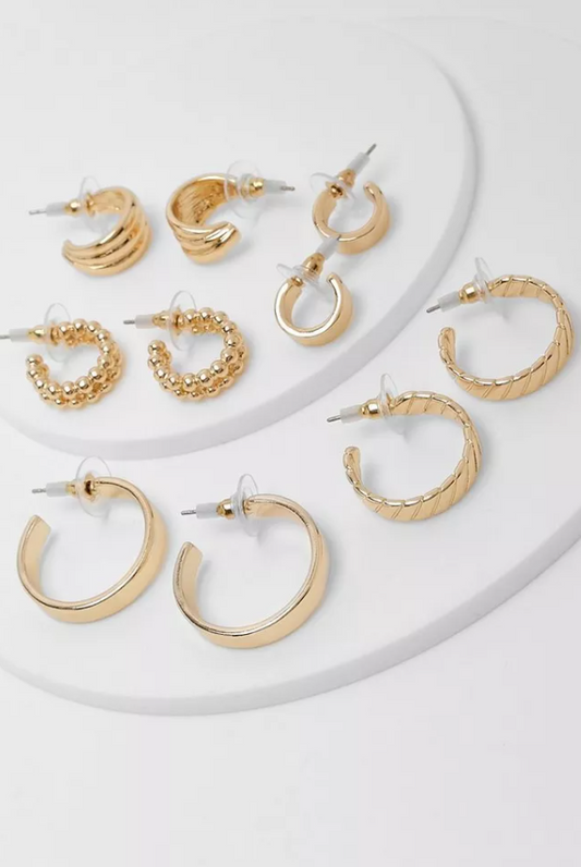 Gold Mixed Textured 5 Pack Hoop Earrings Set