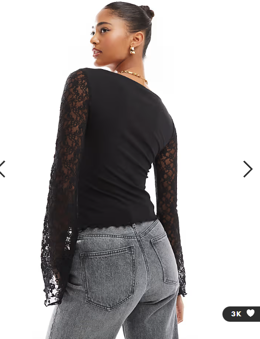 ASOS DESIGN angel sleeve seam detail lace top in black