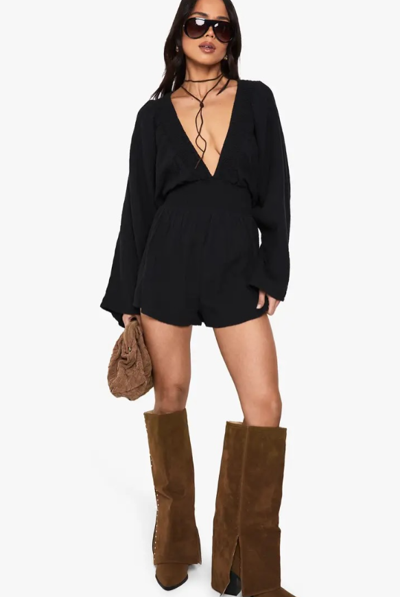 Cheesecloth Plunge Playsuit Boohoo