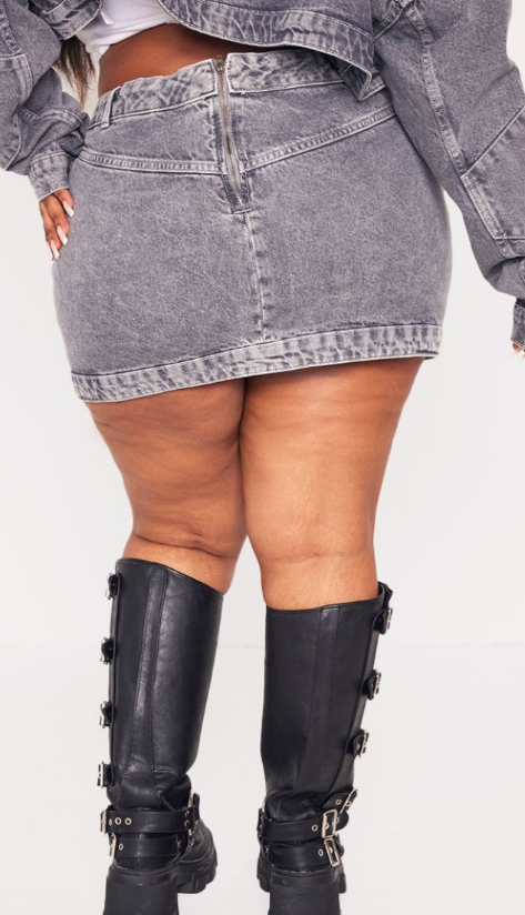 Plus Grey Washed Curved Hem Denim Mini Skirt