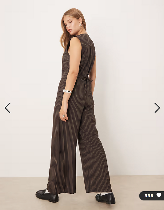ASOS DESIGN v-neck jumpsuit in chocolate pinstripes