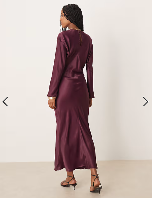 ASOS DESIGN balloon sleeve crew neck satin slip maxi dress in deep plum