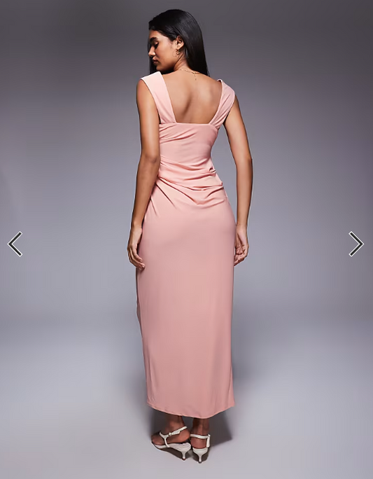 ASOS DESIGN shaped neckline wide strap with draped skirt midi dress in light pink