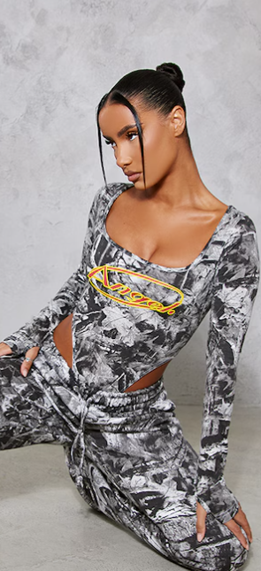 Grey Camo Long Sleeve High Leg Bodysuit