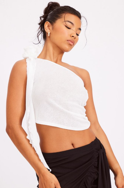 White Burnout Mesh Ruched Side Floral Applique One Shoulder Top