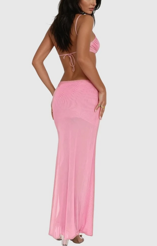 Ego - Strappy twist front detail cut out maxi dress in pink mesh