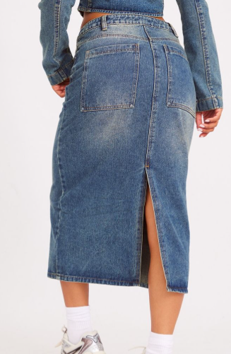 Indigo Vintage Wash Distressed Denim Midi Skirt