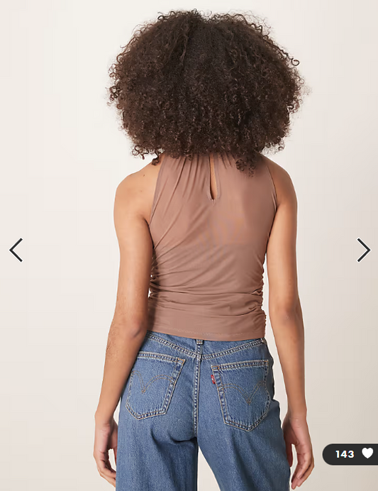Abercrombie & Fitch mesh ruched halter neck top in taupe