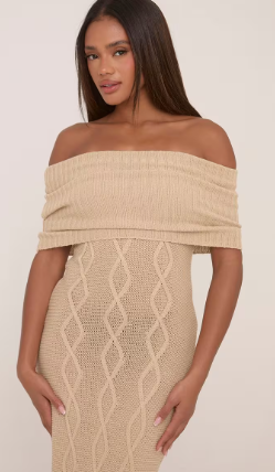 Oversized Bardot Maxi Dress In Stone Aran Knit