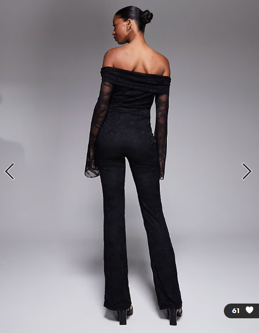 Kaiia exclusive double layered slinky lace longsleeve foldover bardot jumpsuit in black