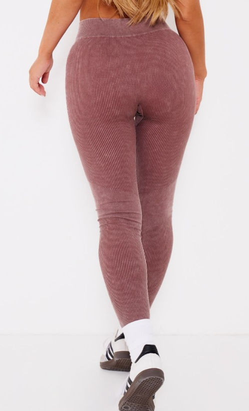 PLT Sport Deep Brown Acid Wash Seamless Rib High Waist Gym Leggings