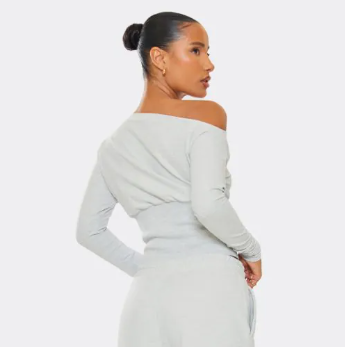 Long Sleeve Asymmetric Cinched Waist Top In Light Grey Marl