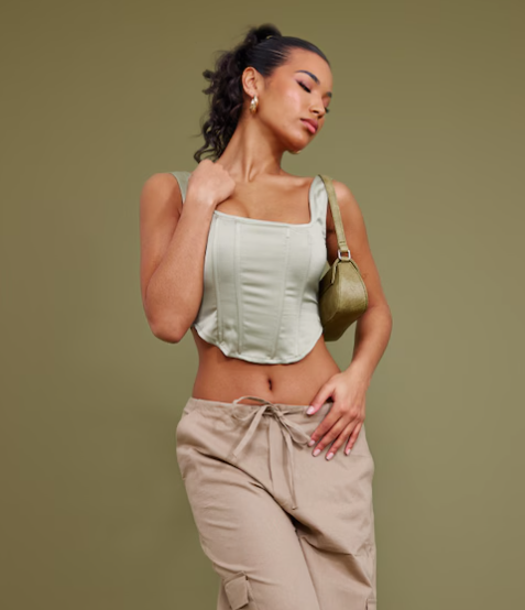 Pale Olive Sculpt Satin Boned Corset