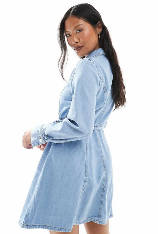 JDY - Petite Tie Waist denim mini dress in lt blue