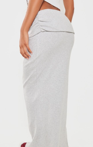 Light Grey Brushed Rib Ruched Detail Foldover Maxi Skirt