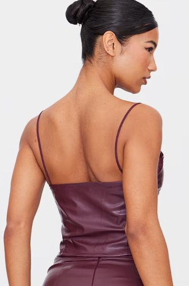 Plt - Burgundy Matte Faux Leather Lace Trim Cami Top