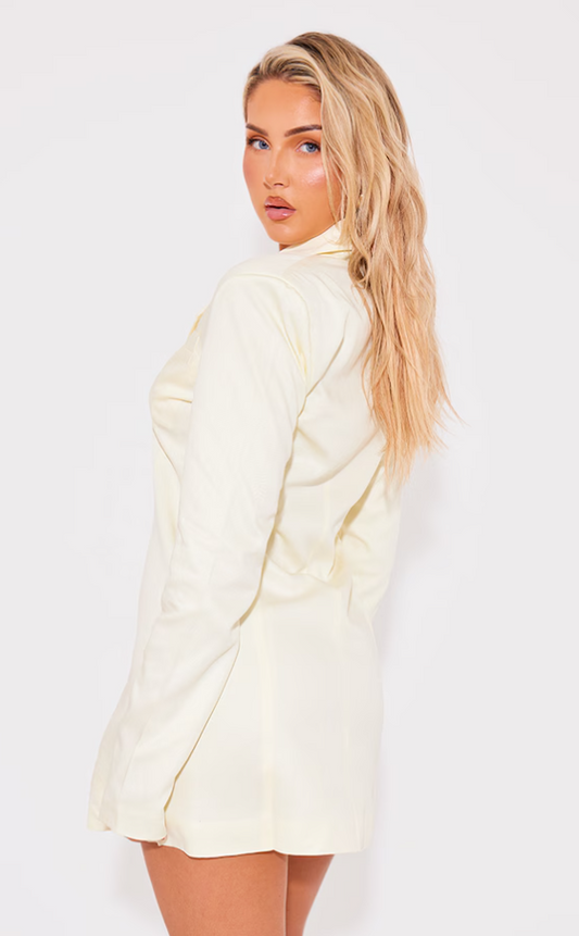 Yellow Textured Button Oversized Blazer Dress