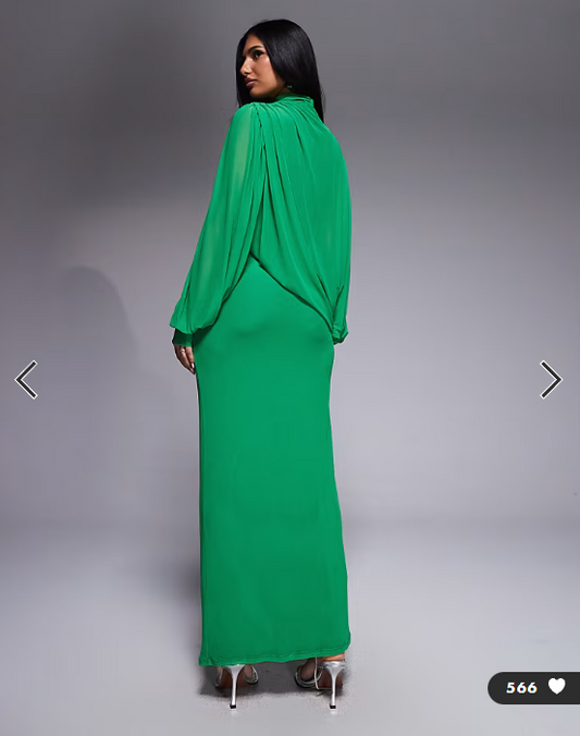 ASOS DESIGN modesty mesh wrap over draped blouson sleeve maxi high neck dress in green