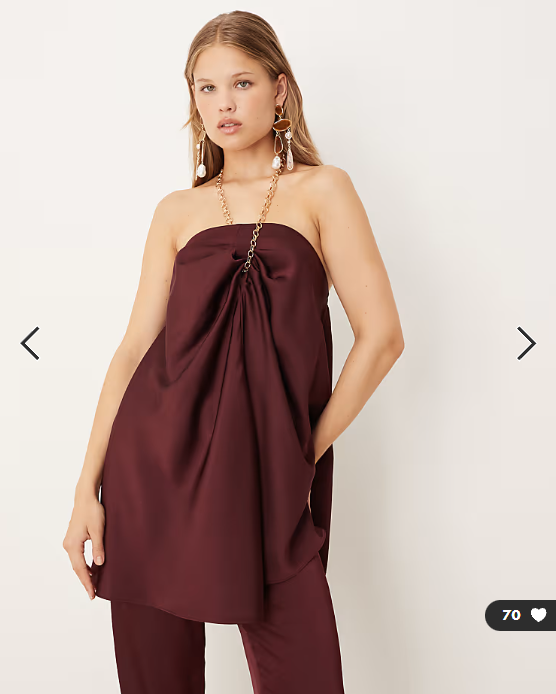 ASOS DESIGN gold chain halter neck satin top & tailored straight trousers - co-ord in plum SET