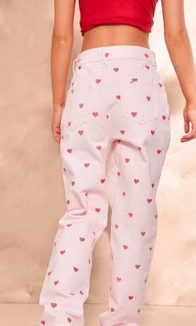 Pink Heart Print Straight Leg Jeans