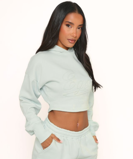 Long Sleeve 'Ego' Embossed Graphic Detail Cropped Hoodie In Mint Green