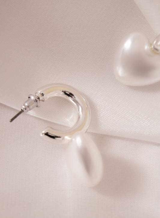 Silver Pearl Heart Detail Hoop Earrings