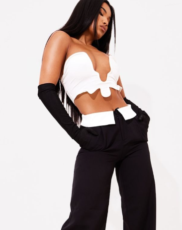 White Abstract Hem Plunge Bandeau Crop Top