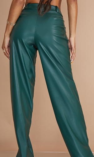 Bottle Green Faux Leather Pintuck Detail Straight Leg Trousers