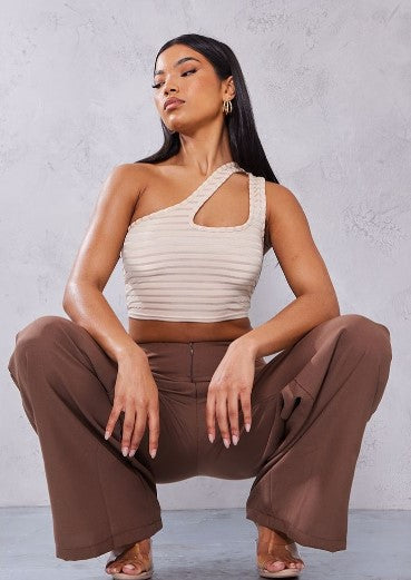 STONE TEXTURED STRIPE ONE SHOULDER CROP TOP