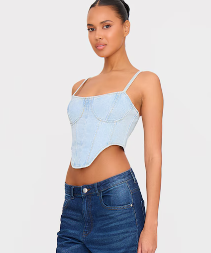 Light Blue Wash Dipped Hem Denim Corset
