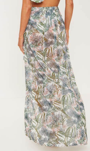 Pale khaki leafy frill split maxi beach skirt