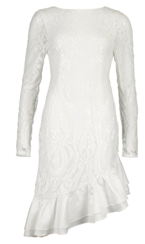 Boohoo - Sequin Baroque Ruffle Midi Dress - white
